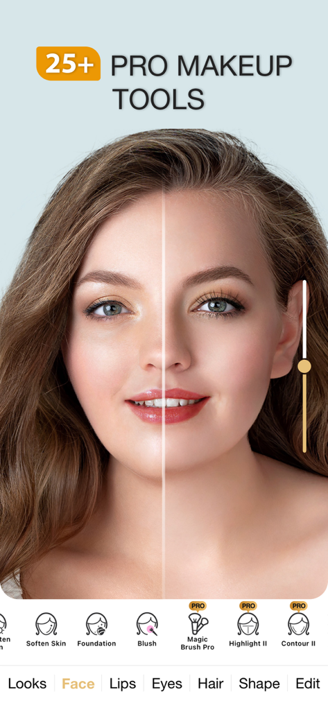 Perfect365 Makeup Photo Editor - Ein Vorher-Nachher-Vergleich eines Frauengesichts, das professionelle Make-up-Werkzeuge in der Perfect365 App-Oberfläche verwendet