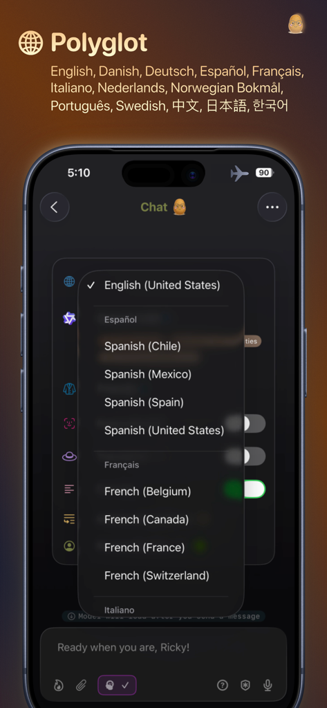 Russet: Private on-device AI - Interface of Russet AI showing multilingual polyglot settings and language selection on an iPhone.
