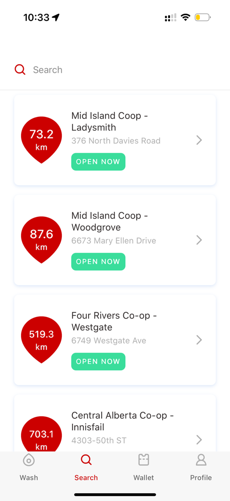 Co-op Car Wash - A list of Co-op car wash locations showing their distance and current status