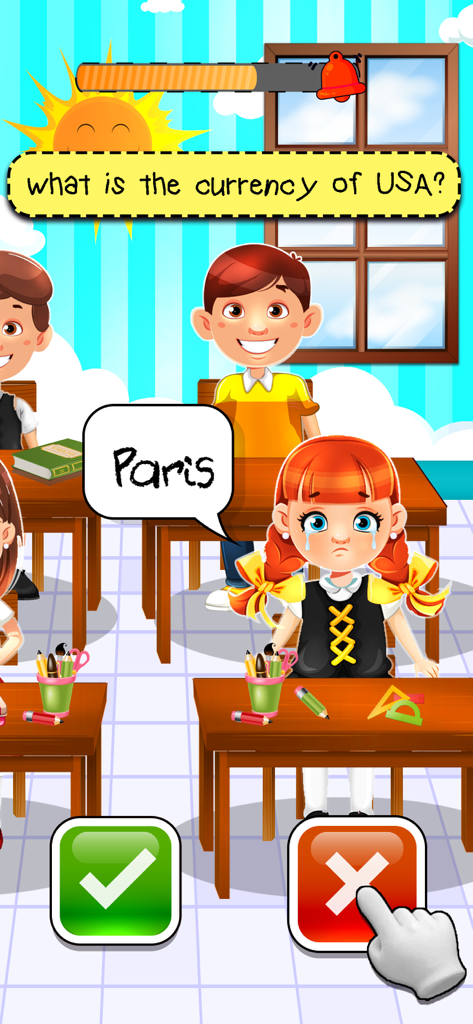 A teacher simulator game screen showing a classroom where a player marks a student's incorrect answer with a red cross