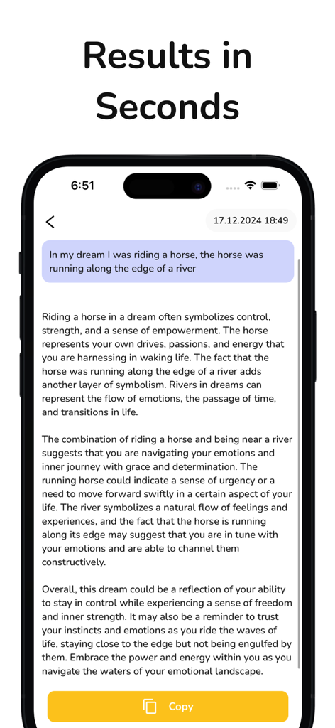 AI Dream Interpretation Diary - A mobile screen showing an AI generated dream analysis about riding a horse by a river with a header that says Results in Seconds.