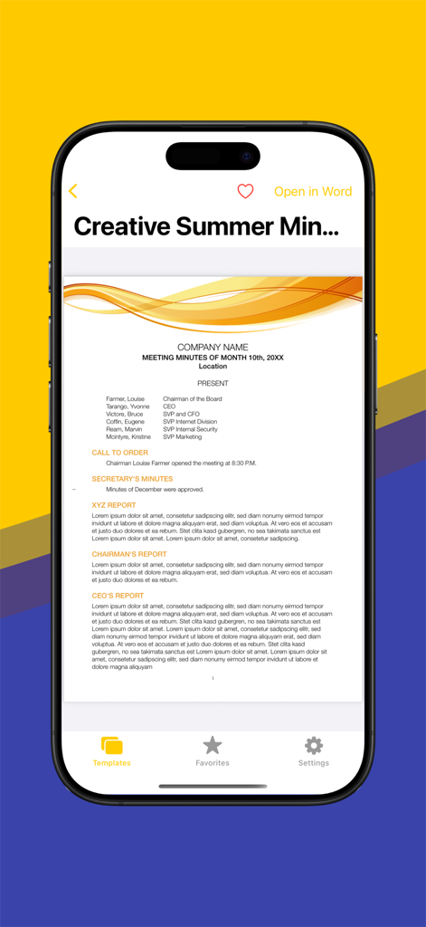 Un modèle professionnel de procès-verbal de réunion Microsoft Word avec des accents de design orange affiché sur l'écran d'un smartphone.
