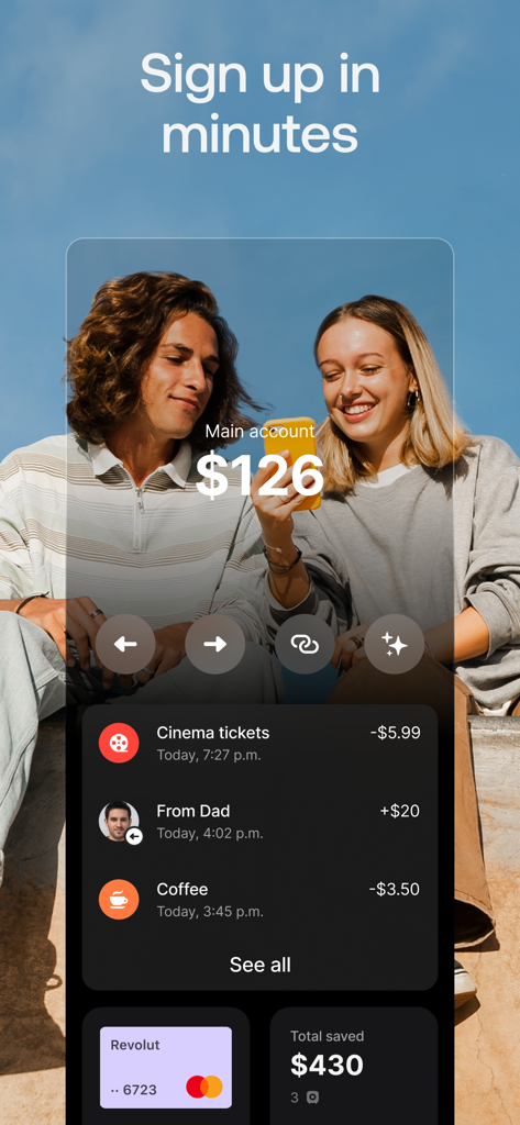 Interfaz de smartphone de la aplicación Revolut para finanzas de adolescentes que muestra el saldo de la cuenta y las transacciones recientes