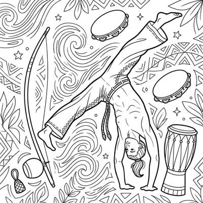 Embrace the energy of Afro-Brazilian culture with this captivating Capoeirista coloring page. Depicting a martial arts dancer in a dynamic pose surrounded by traditional instruments, it's an invitation to explore movement and rhythm through color.