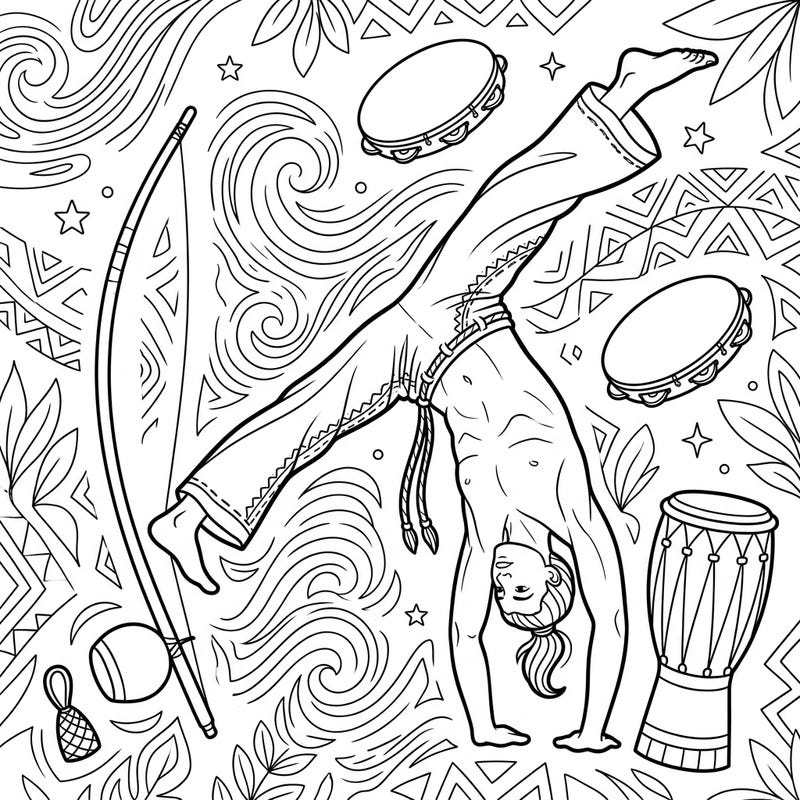 Embrace the energy of Afro-Brazilian culture with this captivating Capoeirista coloring page. Depicting a martial arts dancer in a dynamic pose surrounded by traditional instruments, it's an invitation to explore movement and rhythm through color.