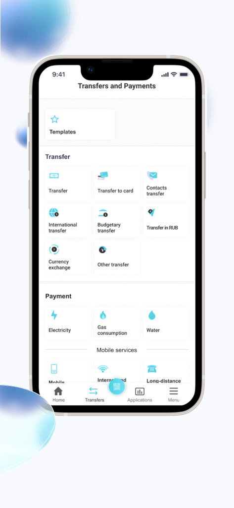 Schermata di trasferimenti e pagamenti dell'app AMIO Mobile che mostra opzioni di trasferimento internazionale e pagamento bollette