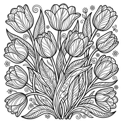 Dive into the beauty of nature with this exquisite coloring page featuring a vibrant cluster of red tulips. Its detailed botanical arrangement offers a delightful and relaxing coloring experience for artists of all levels.