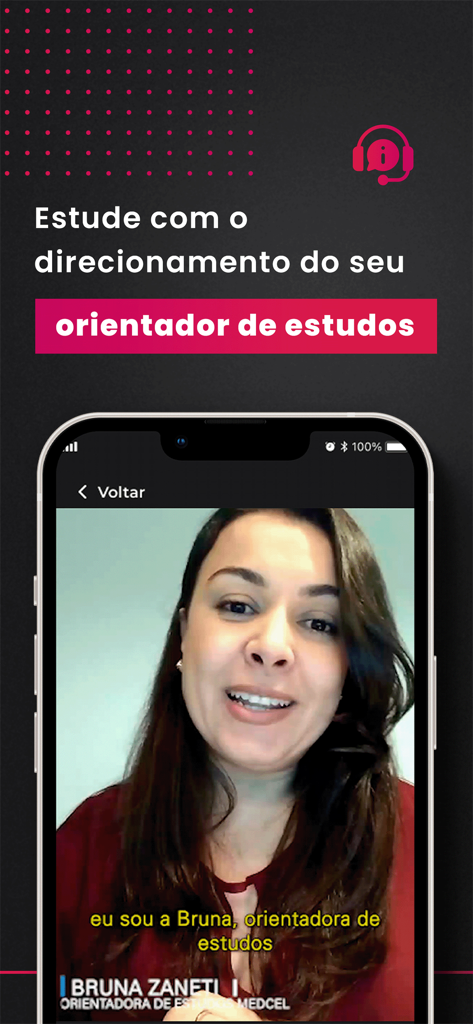 A smartphone screen displaying a video of a study advisor providing guidance within the Medcel medical residency app