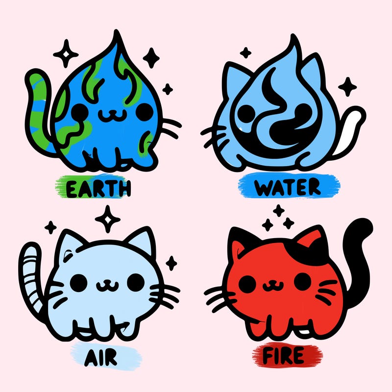 4 cats that represent the different elements, earth, water, air, and fire