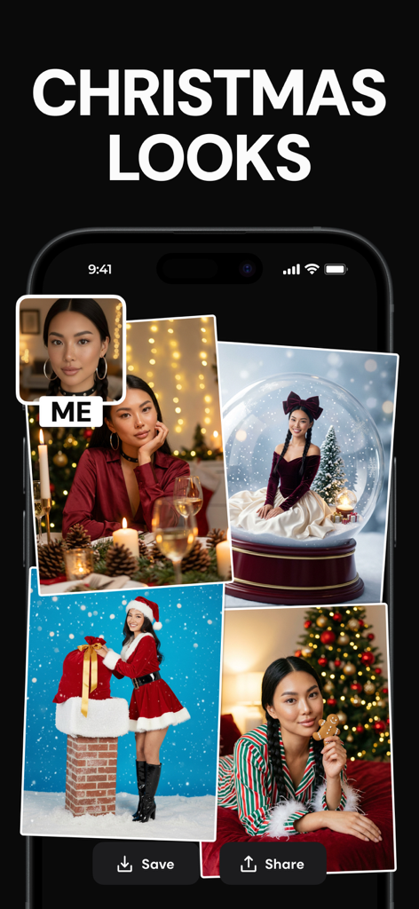 Version AI: AI Photo Creator - KI-generierte Weihnachts-Vorlagen, die festliche Porträts zeigen, die aus dem Gesicht eines Benutzers erstellt wurden