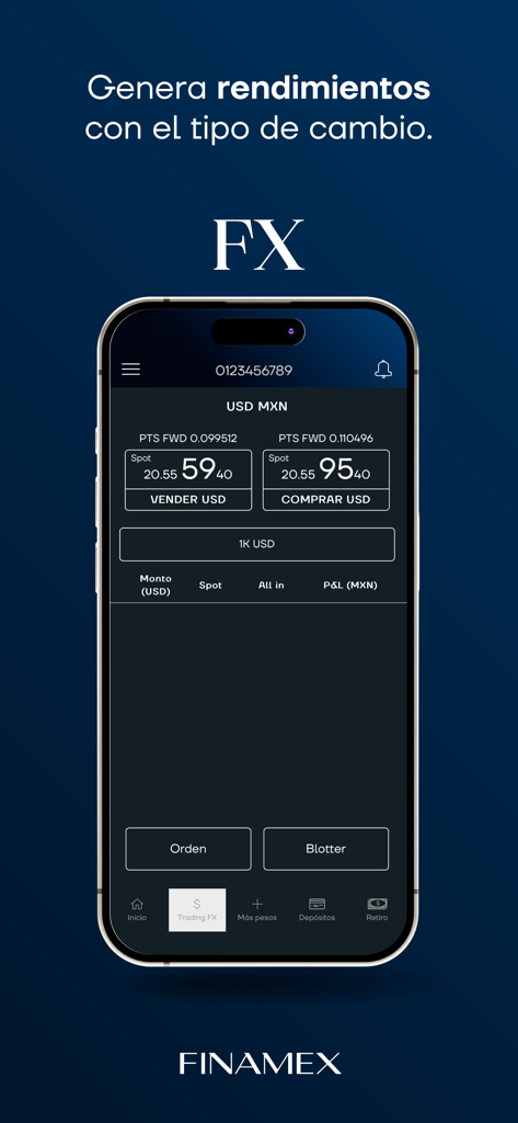 Finamex app interface showing USD and MXN currency exchange trading options