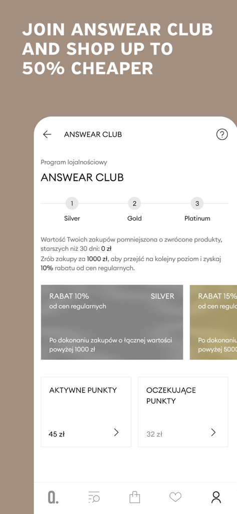 Pantalla del programa de fidelidad Answear Club mostrando niveles de membresía y puntos