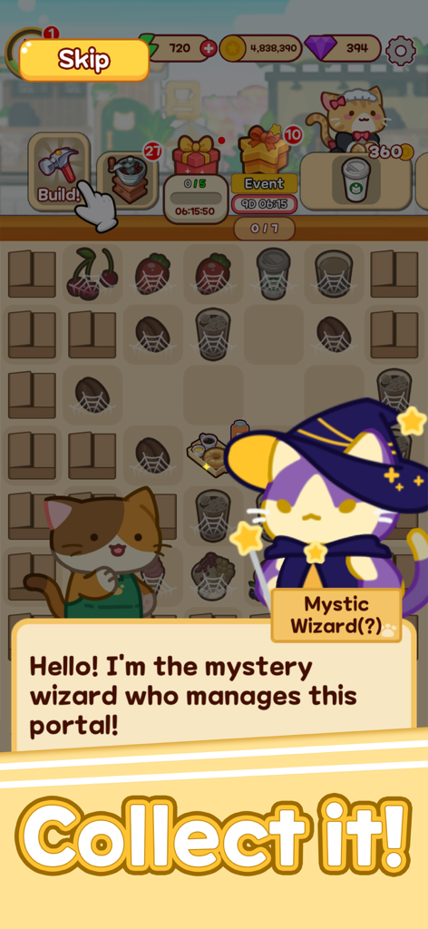 Merge Cat Cafe : Coffee cat - A cute mystic wizard cat character introducing a new feature on the merge puzzle board in Merge Cat Cafe.