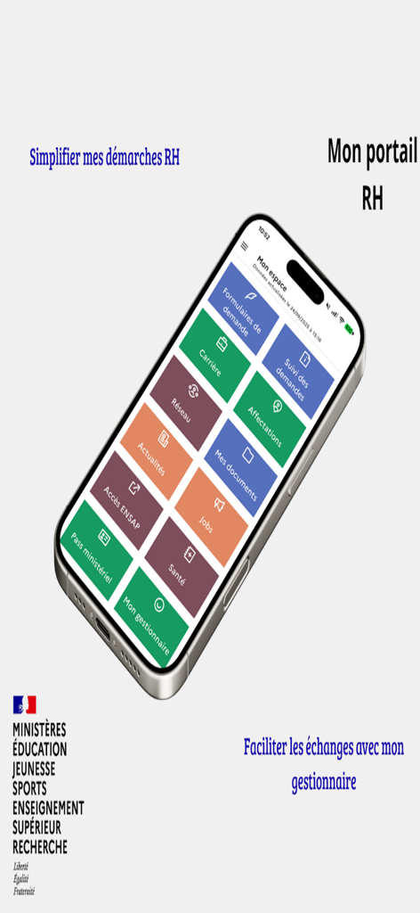 Mon portail RH - Tableau de bord de l'application mobile Mon portail RH présentant diverses tuiles de services RH et administratifs sur l'écran d'un smartphone.