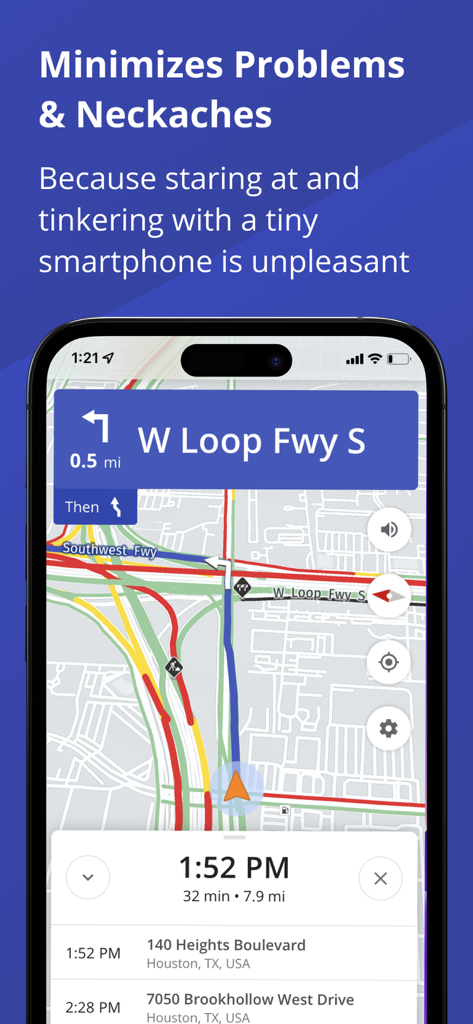 Route4Trucks mobile App-Oberfläche, die LKW-spezifische Navigation und Routenplanung für mehrere Stopps in Houston zeigt