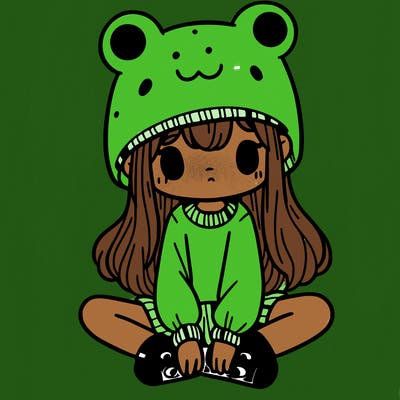 a girl wearing a frog hat and some frog socks