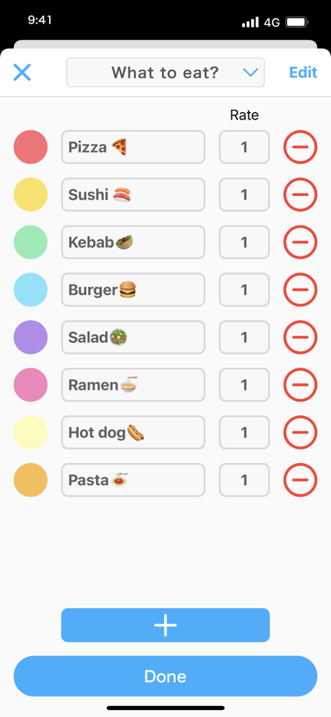 A mobile app interface for editing food choices on a random decision wheel.