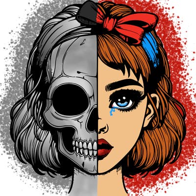 realistic girl with half skull mask