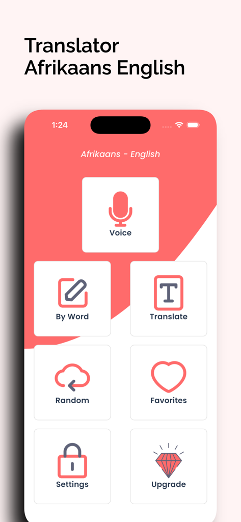 Afrikaans Translator Offline - Main interface of the Afrikaans to English translation app showing voice and text translation features