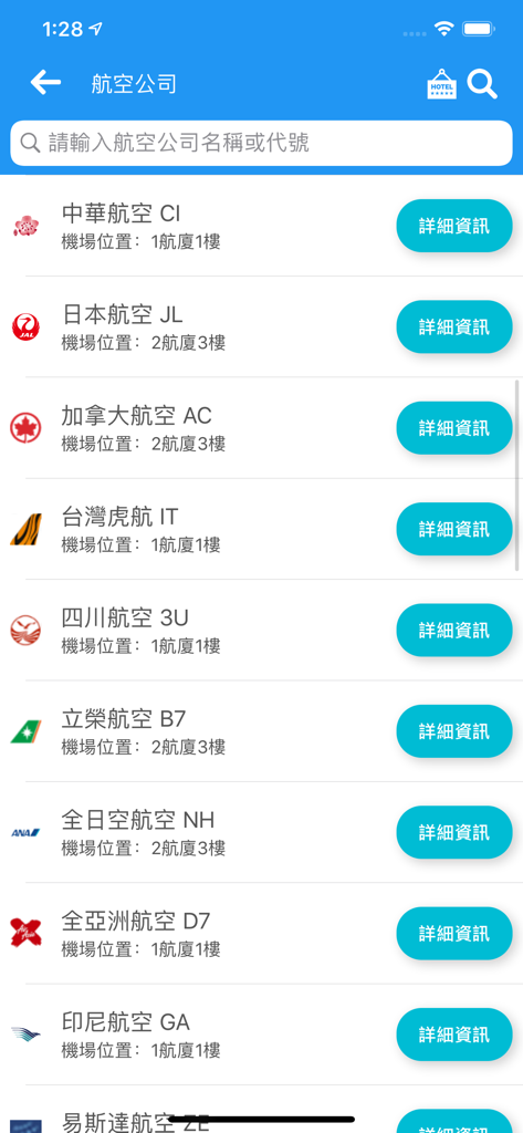 A list of airlines at Taoyuan International Airport showing their terminal and floor locations