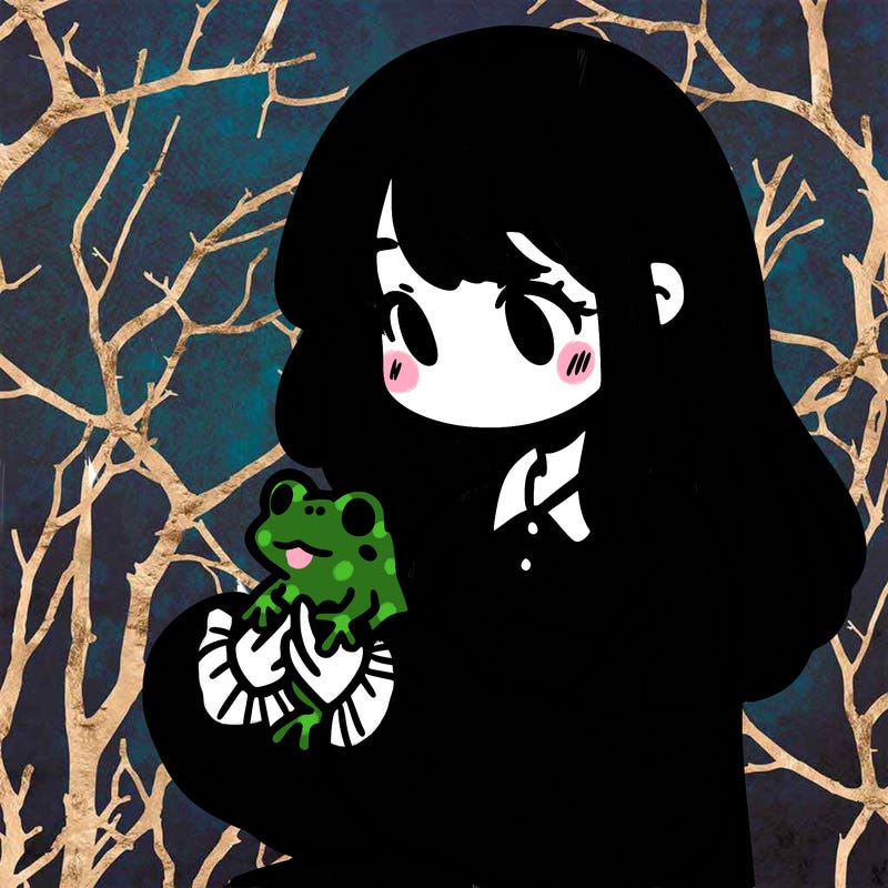 girl with long hair and a oversized shirt. and she is holding a frog