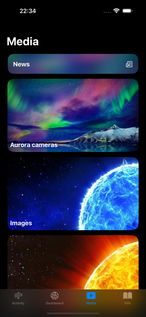 Solar Activity Pro - Interface de mídia do aplicativo Solar Activity Pro mostrando câmeras de aurora e imagens de atividade solar