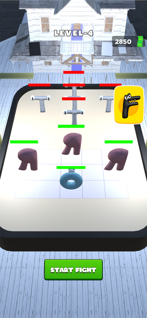 Merge Alphabet Lore A-Z - Gameplay screen of Merge Alphabet Lore showing letter characters positioned on a battle grid with a Start Fight button.