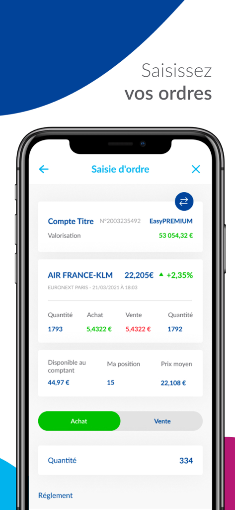 EasyBourse - Interface de l'application EasyBourse affichant un écran de saisie d'ordre sur actions pour Air France-KLM avec des options d'achat et de vente