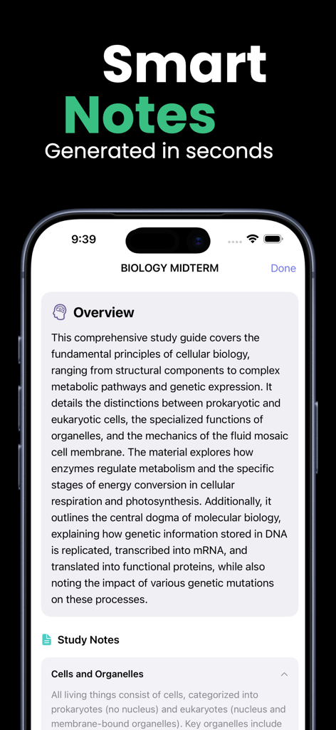 Laxu AI: Quiz & Flashcards - Laxu AI app interface showing an AI generated biology midterm study guide with an overview of cellular biology