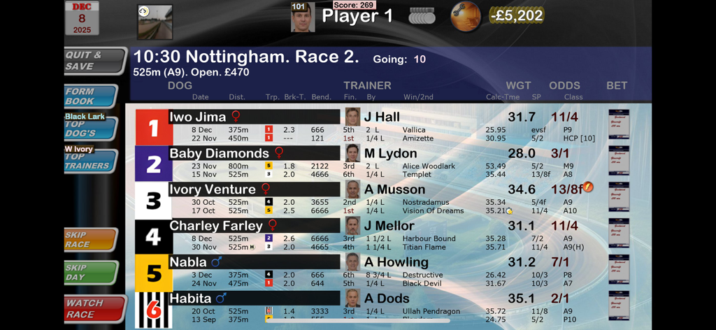 Greyhound Manager Touch - Interface of Greyhound Manager Touch displaying greyhound race entries with odds and trainer details