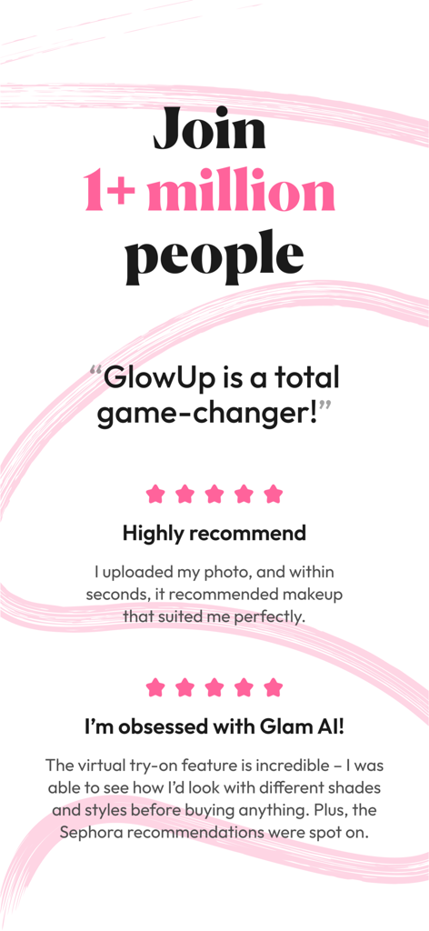 GlowUp - Makeup & Beauty - Captura de pantalla de la aplicación GlowUp que muestra reseñas positivas de usuarios y celebra a más de un millón de usuarios.
