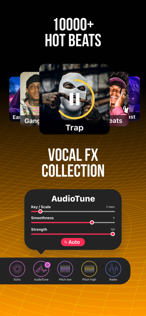 Interface of the Rap Fame app showing a library of beats and vocal effects including AudioTune settings.