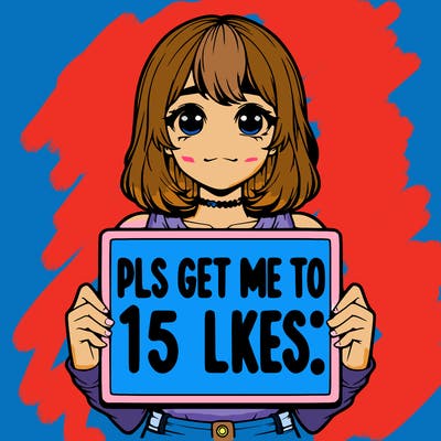 realistic girl holding up a sign that says “pls get me to 15 likes!”