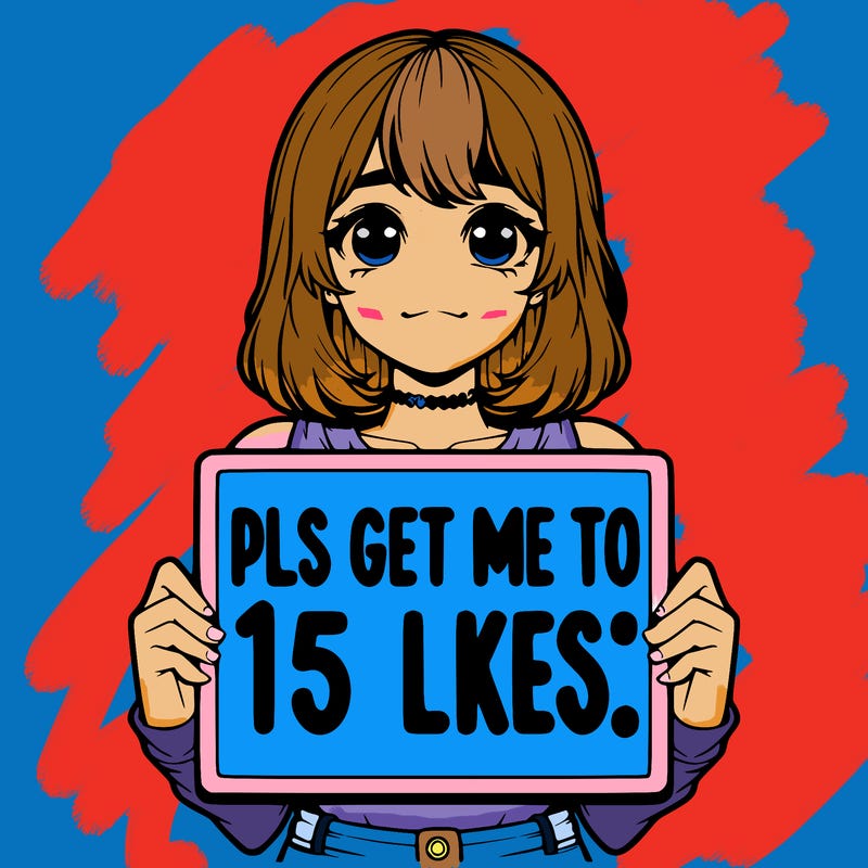 realistic girl holding up a sign that says “pls get me to 15 likes!”