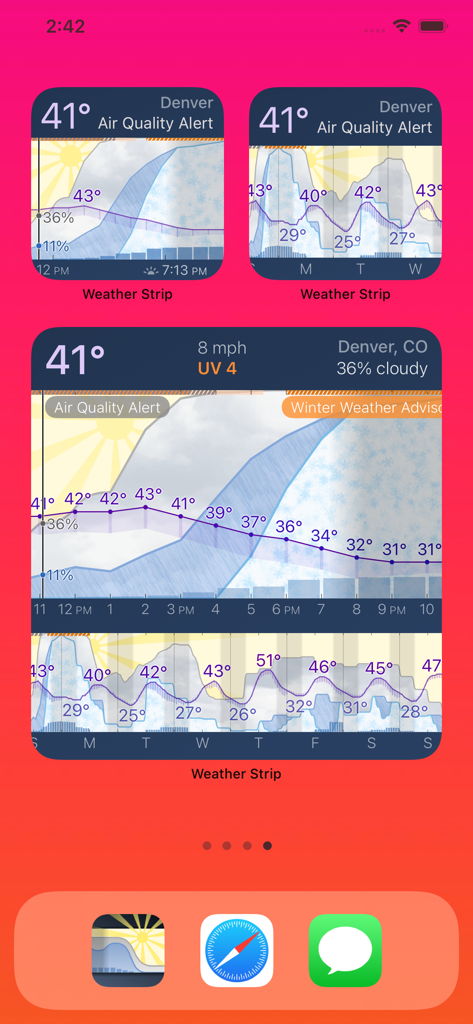 Weather Strip - iOS home screen showing various Weather Strip widgets with detailed weather forecast graphs and alerts.