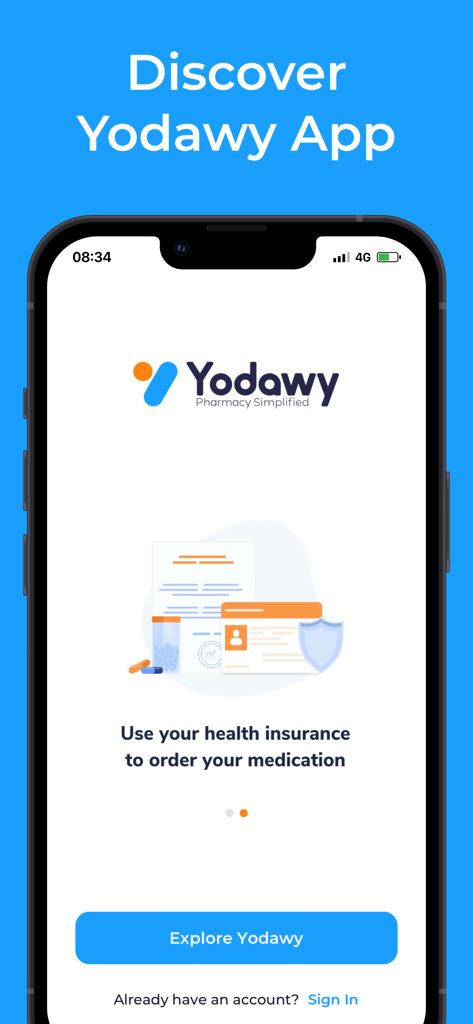 Schermata di benvenuto dell'app Yodawy che evidenzia l'ordinazione di farmaci tramite l'assicurazione sanitaria