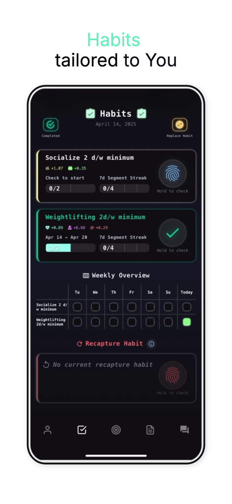 Endeavorise mobile app habit tracking interface with a dark theme showing progress bars for socializing and weightlifting