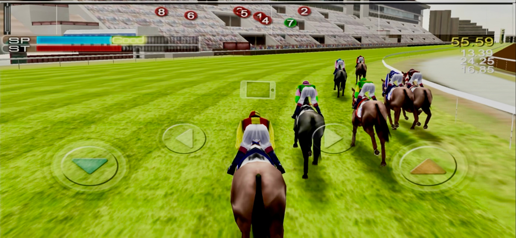 iHorse Racing: horse race game - A jockey view of a horse race on a turf track in iHorse Racing.