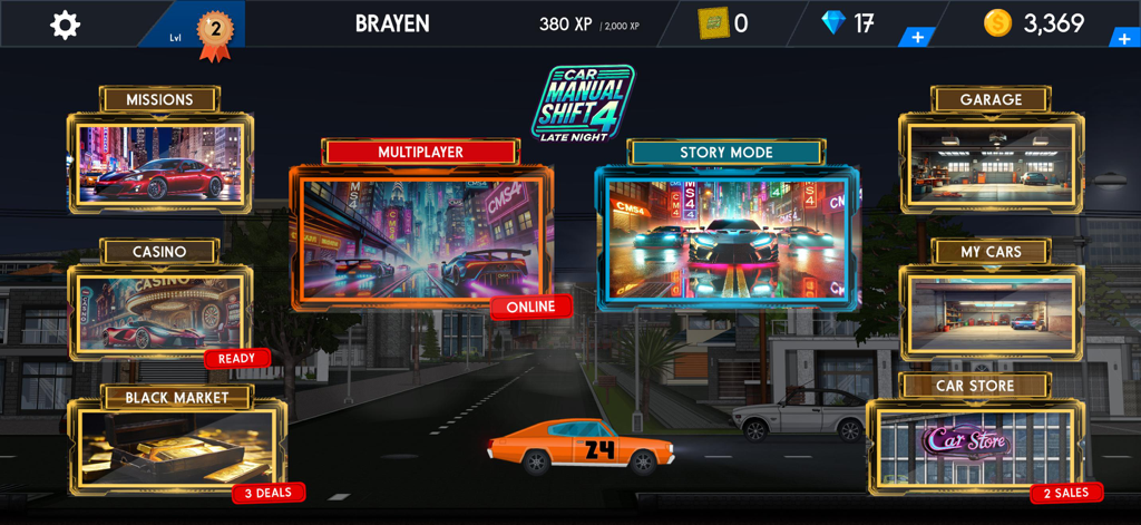 Car Manual Shift 4 - Main menu interface of the Car Manual Shift 4 mobile game displaying various racing modes and the car store