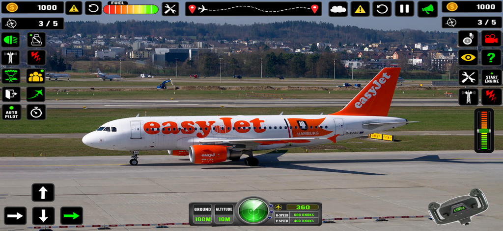 Screenshot of Flight Simulator Pilot Game showing an airplane on a taxiway with game UI and controls.