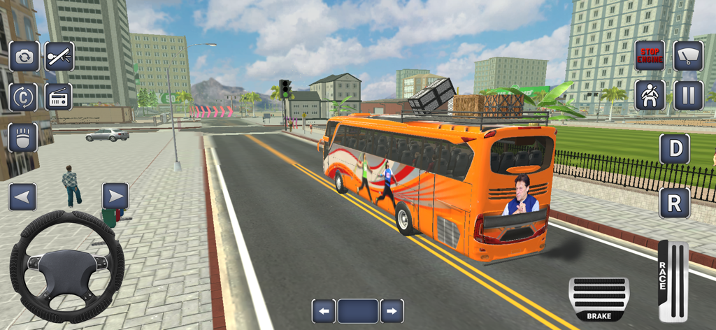 Bus Driving Games City Coach - Captura de pantalla del juego de un autobús urbano naranja conduciendo por un entorno urbano 3D con volante y pedales móviles.