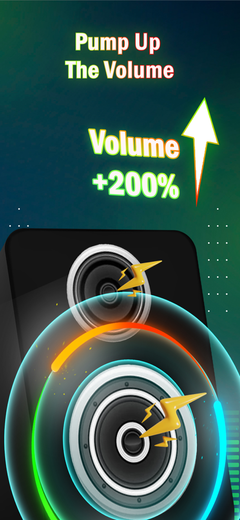 Gráfico mostrando o aplicativo de aumento de volume com um alto-falante e texto exibindo volume mais 200 por cento