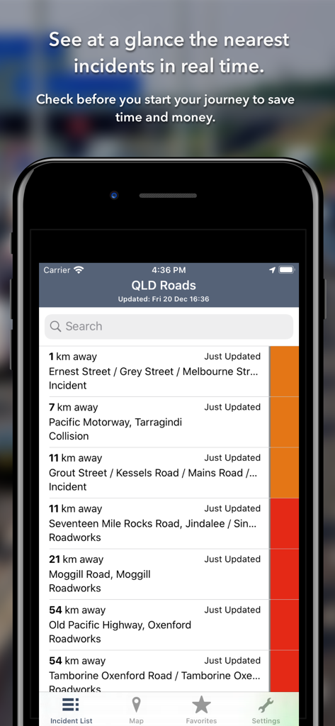 A mobile app screen displaying a list of live traffic incidents and roadworks in Queensland sorted by distance