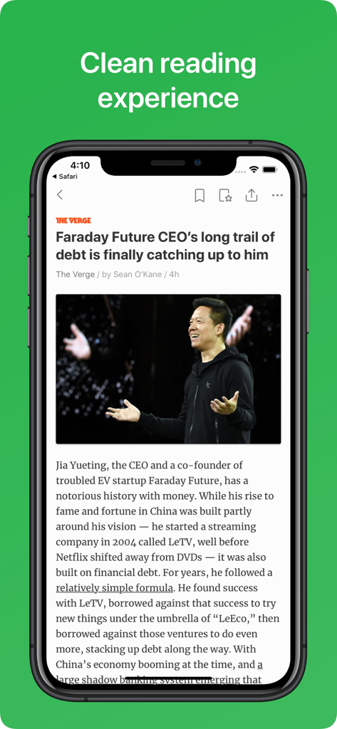 A smartphone screen displaying a news article in Feedly's clean reading interface.