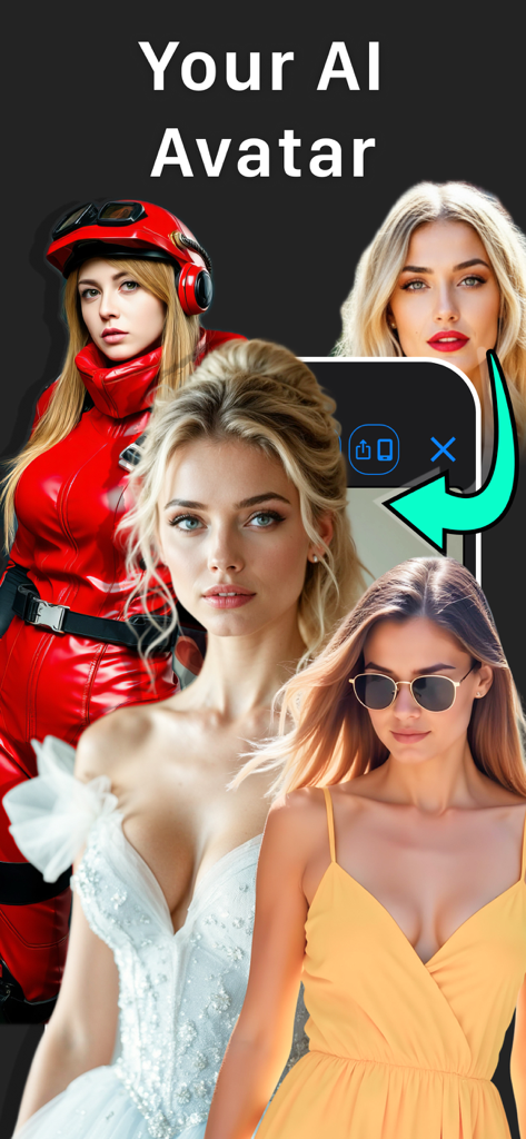Photo Face Swap AI Editor App - A variety of AI generated avatars showing a woman in different outfits and settings like a racing suit and a wedding dress.