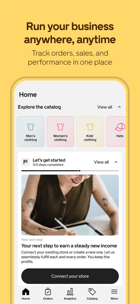 A tela inicial do aplicativo Gelato com categorias de catálogo de produtos e um guia de configuração de negócios.