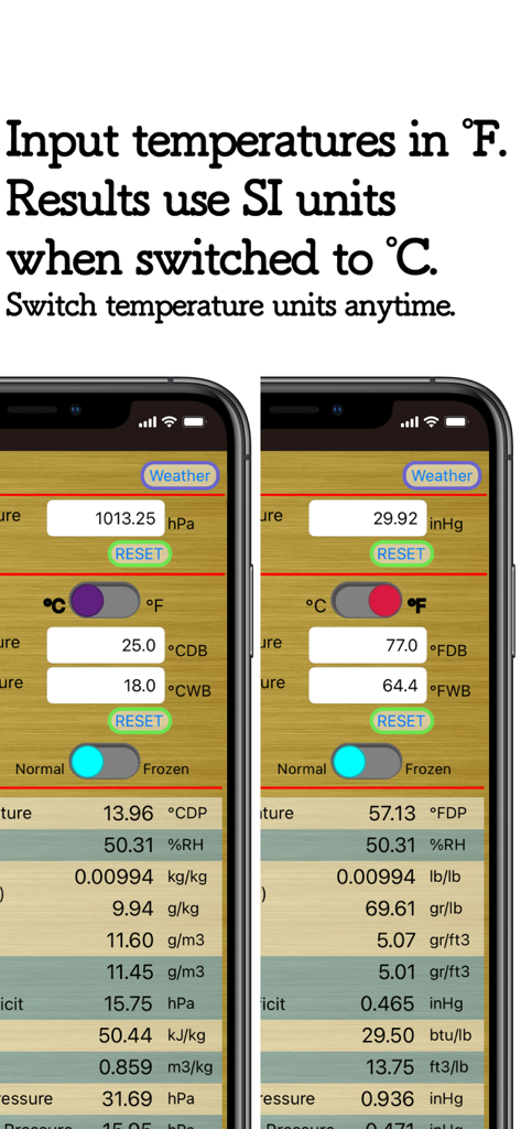 Interface de l'application HumidCalc montrant la conversion d'unités entre les mesures métriques et impériales