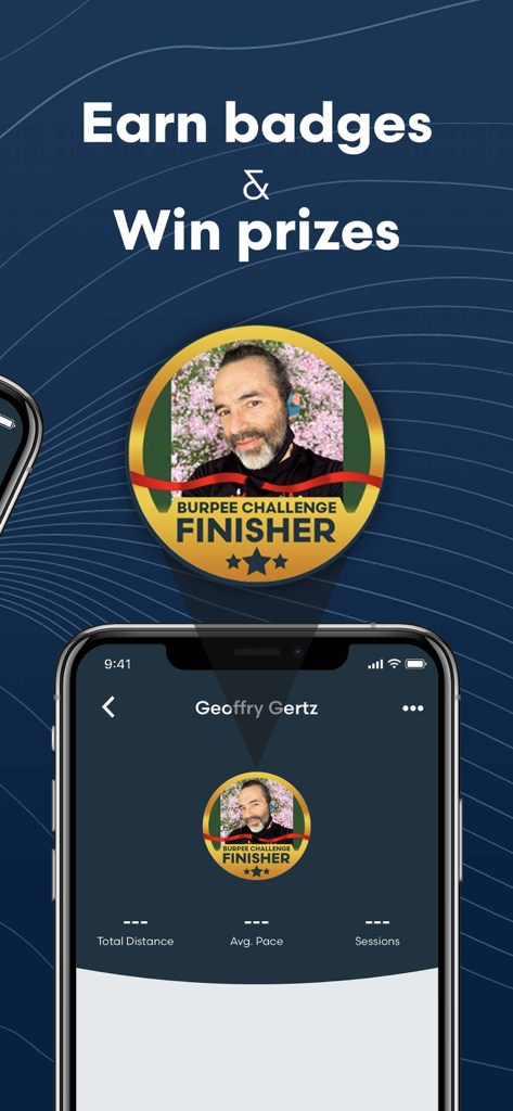 Interfaccia che mostra il profilo di un utente con un badge di completamento della sfida Burpee nell'app The Run Experience