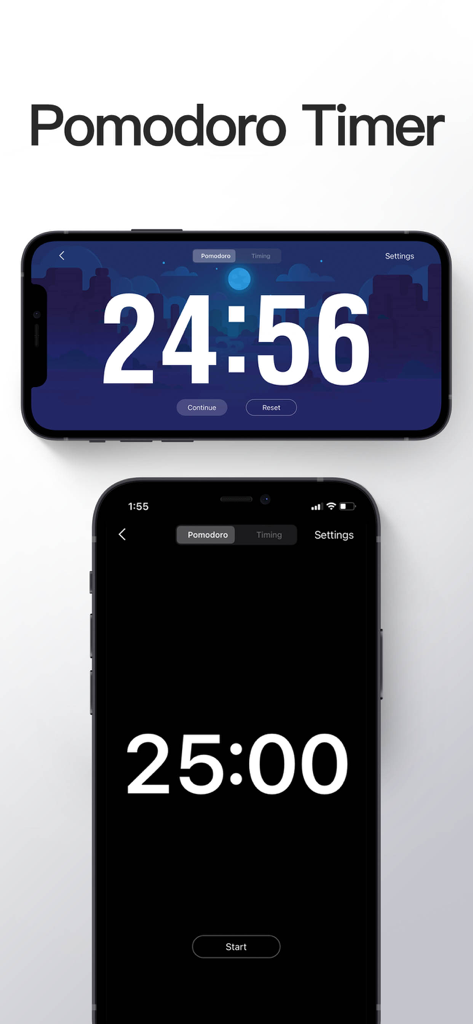 Aesthetic Pomodoro timer interface on DClock app shown in landscape and portrait modes