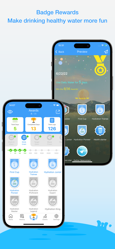 Daily Water Pro - Daily Water Pro app interface showing hydration badge rewards and achievement milestones